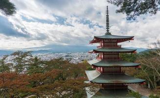 Chureito pagoda and Mountain Fuji with autumn photo