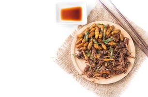 fried grasshoppers and Silkworm pupa photo