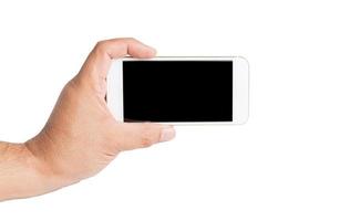 mano participación móvil inteligente teléfono con blanco pantalla. foto