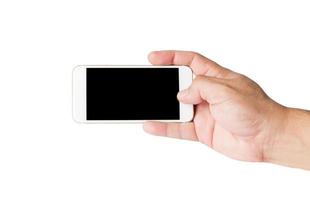 mano participación móvil inteligente teléfono con blanco pantalla. foto