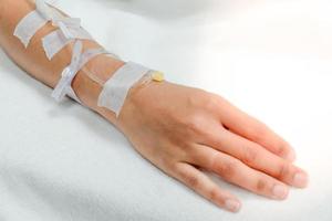 Soft focus, saline drip in patient's hand in hospital photo