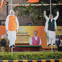 New Delhi, India - January 16 2023 - Prime Minister Narendra Modi cut out during BJP road show, the statue of PM Modi while attending a big election rally in the capital photo