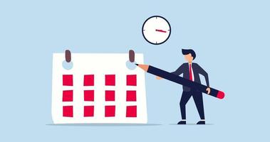 4k Schedule business appointment animation. smart businessman using pencil to mark important appointment date on calendar with alarm clock. video