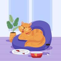 Yellow Fat Cat After Eating Concept vector