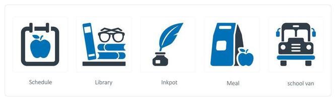 A set of 5 Education icons such as schedule, library and inkpot vector