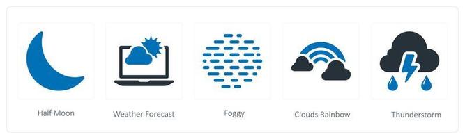 A set of 5 weather icons such as half moon, weather forecast and foggy vector