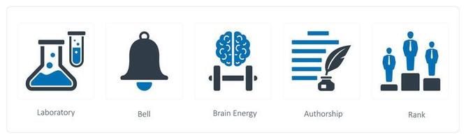 A set of 5 Education icons such as laboratory, bell and brain energy vector