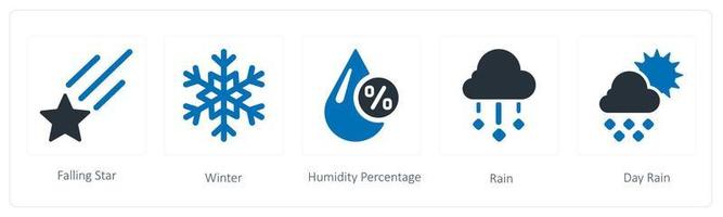 A set of 5 weather icons such as falling, star, winter and humidity percentage vector
