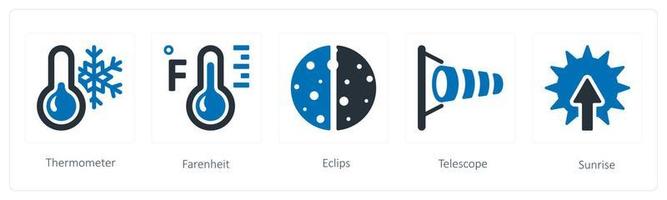 A set of 5 weather icons such as thermometer, fahrenheit and eclipse vector