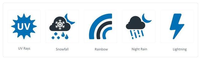 A set of 5 weather icons such as uv rays, snow fall and rainbow vector