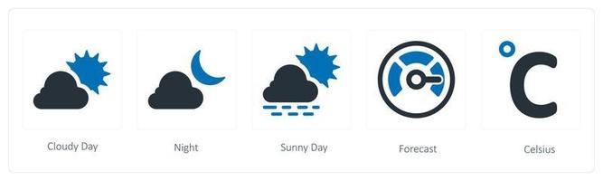 A set of 5 weather icons such as cloudy day, night and sunny day vector