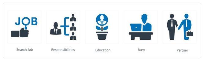 A set of 5 Human Resource icons such as search job, responsibilites and education vector