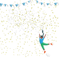 woman blue shirt green pants happy sale day amid the golden glitter and silver sprinkles, transparent images png