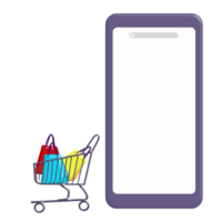 A shopping cart with yellow, blue, red shopping bags next to a mobile phone that can put text, transparent image. png