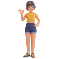 Cute girls show hand with ok symbol 3d cartoon illustration png