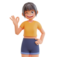 Cute girls show hand with ok symbol 3d cartoon illustration png