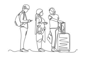 Continuous one line drawing travelers queued to check in at airport. airport activities concept. Single line draw design vector graphic illustration.