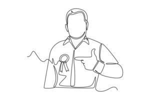 Single one line drawing the man pointed at the award ribbon on his chest proudly. Employee appreciation day concept. Continuous line draw design graphic vector illustration.