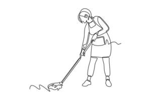 Continuous one-line drawing of a woman sweeping the kitchen. Kitchen activity concept single line draw design graphic vector illustration