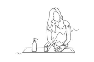 Continuous one-line drawing woman with long hair washing dishes. Kitchen activity concept single line draw design graphic vector illustration