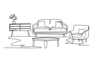 Continuous one-line drawing of living room with few tables and sofas. Living room concept single line draw design graphic vector illustration