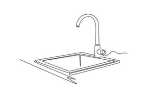 Single one-line drawing sink tap for washing in the kitchen. Kitchen room concept continuous line draw design graphic vector illustration