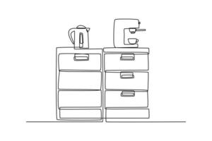 Single one-line drawing cabinets with a kettle and coffee maker on it. Kitchen room concept continuous line draw design graphic vector illustration