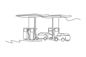 Single one-line drawing of two cars waiting to be filled with gas. Gas station concept continuous line draw design graphic vector illustration