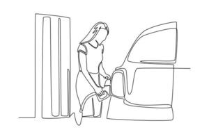 Single one-line drawing of a woman with long hair filling oil at a gas station. Gas station concept continuous line draw design graphic vector illustration