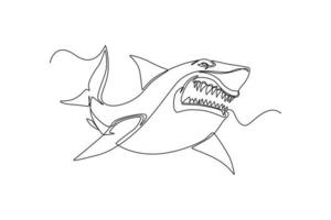 Continuous one-line drawing a shark showing its teeth . Animals concept single line draw design graphic vector illustration