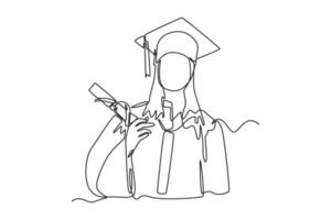 continuo una línea dibujo mujer vistiendo graduación atuendo. clase de 2023 concepto soltero línea sorteos diseño gráfico vector ilustración