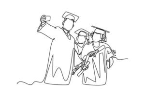 Continuous one-line drawing graduates taking a photo together. Class of 2023 concept single line draws design graphic vector illustration