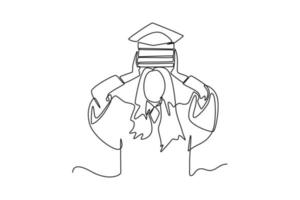 Continuous one-line drawing woman holding books and caps on her graduation day. Class of 2023 concept single line draws design graphic vector illustration