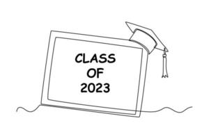 Continuous one-line drawing class of 2023 beautiful frame with cap. Class of 2023 concept single line draws design graphic vector illustration