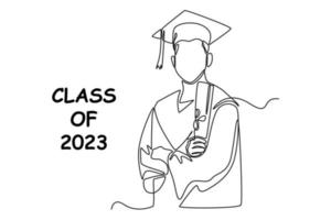 Continuous one-line drawing of men wearing graduation attire. Class of 2023 concept single line draws design graphic vector illustration