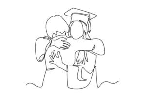 Continuous one-line drawing mother hugging her daughter on graduation day. Class of 2023 concept single line draws design graphic vector illustration