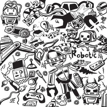 set of cute robots. vector drawing in doodle style.   line drawing funny robots
