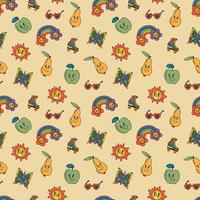 Retro seamless patterns, groovy hippie backgrounds. Cartoon funky print with pears, apples, butterflies, hearts, sun, rollers pattern. vector