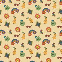 Retro seamless patterns, groovy hippie backgrounds. Cartoon funky print with pears, apples, butterflies, hearts, sun, rollers pattern. vector