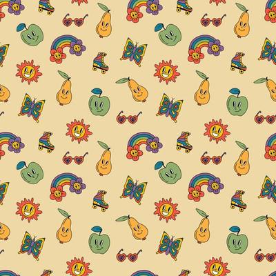 Retro seamless patterns, groovy hippie backgrounds. Cartoon funky print with pears, apples, butterflies, hearts, sun, rollers pattern.