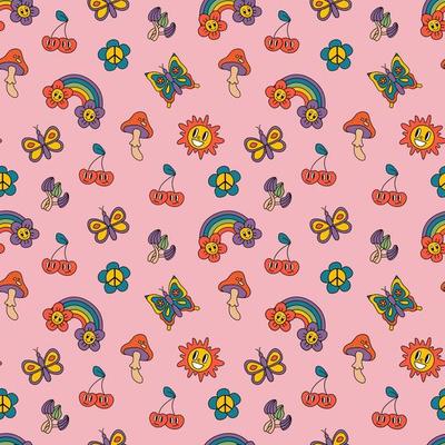 Retro seamless patterns, groovy hippie backgrounds. Cartoon funky print with butterflies, sun, rainbow, flowers, mushrooms.