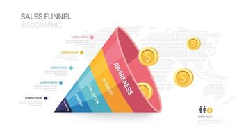 Infographic Sales funnel diagram template for business. Modern Timeline 5 step level, digital marketing data, presentation vector infographics.