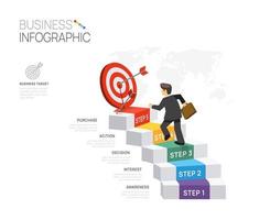 Infographic template for business. 5 Steps Target diagram businessman with staircase, presentation vector infographic.