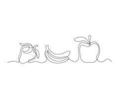 fruit set, banana, apple, strawberry Continuous One Line Drawing vector