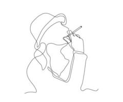 abstract girl in a hat, lady with a cigarette Continuous On Line Drawing vector