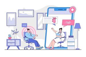 en línea médico cuidado de la salud consulta concepto con personaje. contorno diseño estilo mínimo vector ilustración para aterrizaje página, web bandera, infografía, héroe imágenes