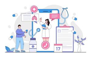 Modern health care services and online telemedicine concept. Patient having online conversation and video call with doctor. Outline design style minimal vector illustration for landing page