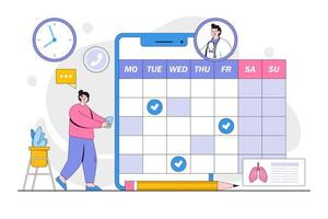 Patient scheduling meeting concept with doctor online cartoon character. Woman making appointment with therapist via smartphone telehealth application. Minimal vector illustration for landing page