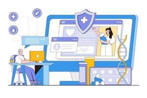 Telemedicine and online doctor concept. Senior man consultation with using his computer. Outline design style minimal vector illustration for landing page, web banner, infographics, hero images