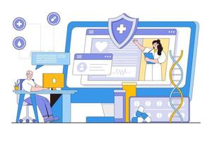 telemedicina y en línea médico concepto. mayor hombre consulta con utilizando su computadora. contorno diseño estilo mínimo vector ilustración para aterrizaje página, web bandera, infografía, héroe imágenes